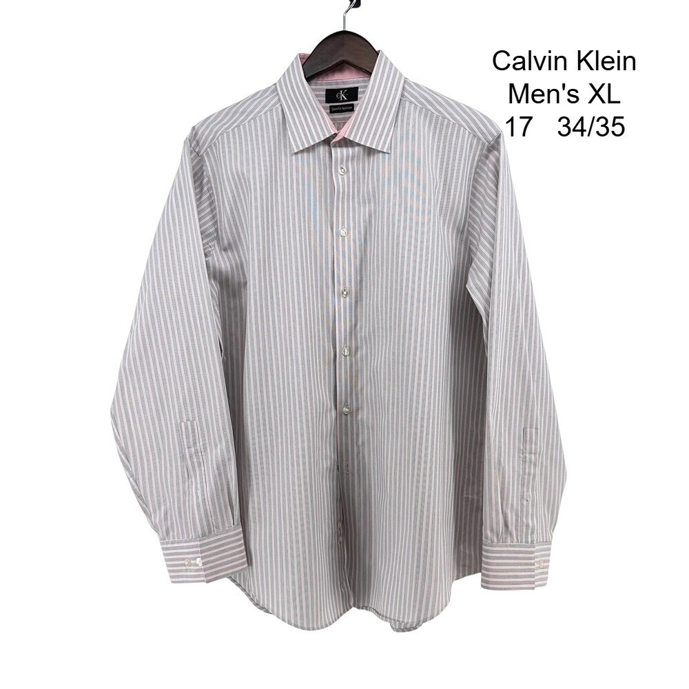 Calvin Klein Mens Slim Fit Non Iron Pinstripe Dress Shirt‎ Grey Pink XL 17 34/35